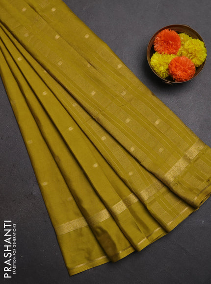 Semi mysore silk saree mustard green with allover paisley butta prints and rettapet zari woven border