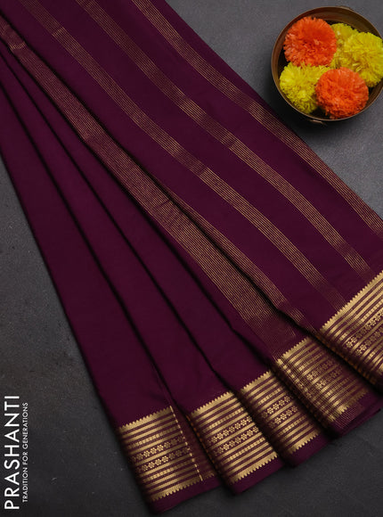 Semi mysore silk saree wine shade with plain body and zari woven border