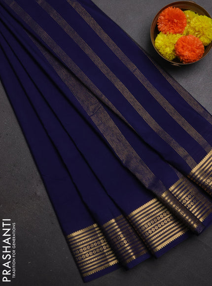 Semi mysore silk saree dark navy blue with plain body and zari woven border