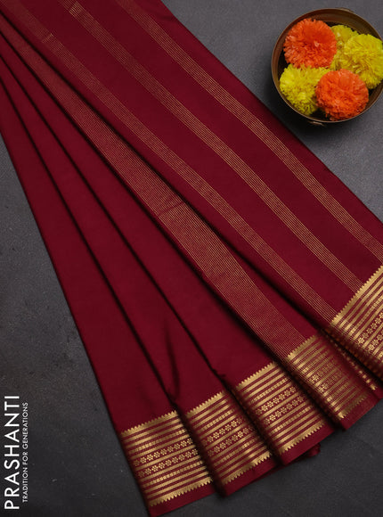 Semi mysore silk saree maroon with plain body and zari woven border