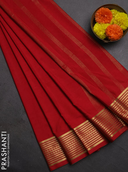 Semi mysore silk saree red with plain body and zari woven border