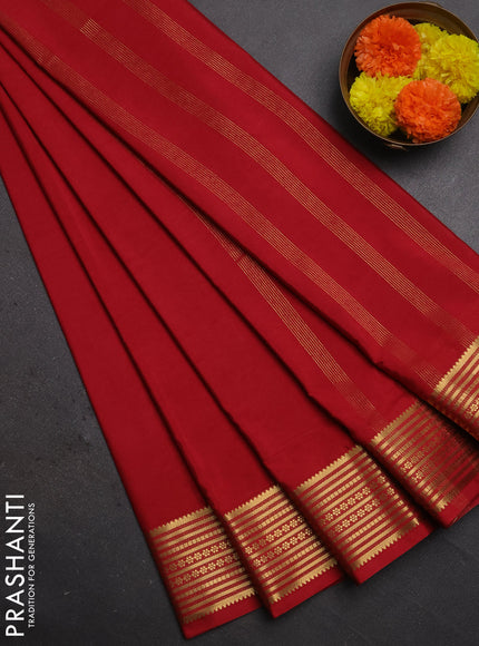 Semi mysore silk saree red shade with plain body and zari woven border