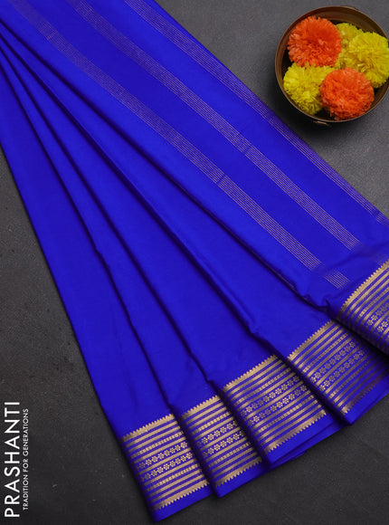 Semi mysore silk saree royal blue with plain body and zari woven border