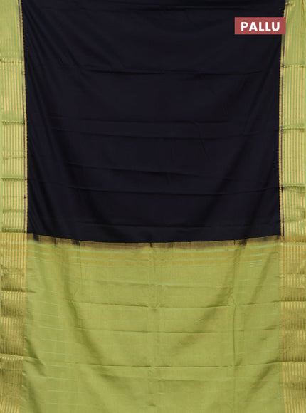 Semi mysore silk saree black and light green with plain body and zari woven border
