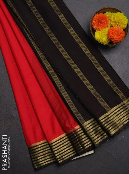 Semi mysore silk saree red and black with plain body and zari woven border