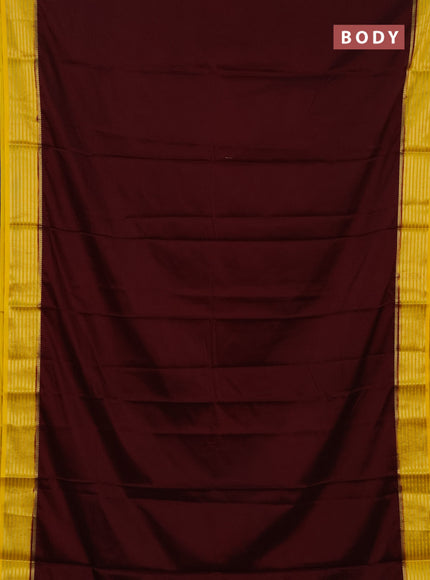 Semi mysore silk saree deep maroon and yellow with plain body and zari woven border