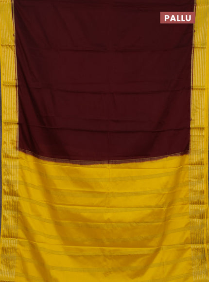 Semi mysore silk saree deep maroon and yellow with plain body and zari woven border