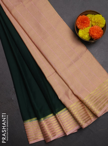 Semi mysore silk saree bottle green and peach shade with plain body and zari woven border