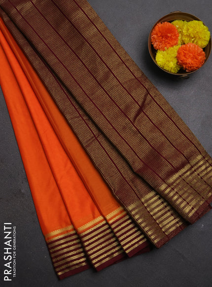 Semi mysore silk saree orange and maroon with plain body and zari woven border