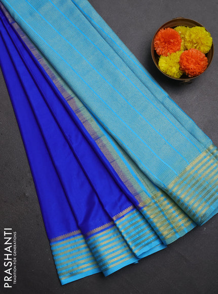 Semi mysore silk saree royal blue and light blue with plain body and zari woven border
