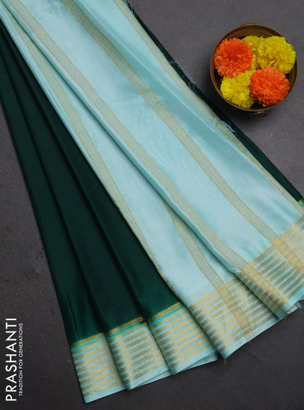 Semi mysore silk saree dark green and teal blue with plain body and zari woven border