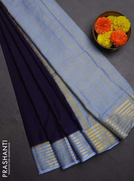 Semi mysore silk saree dark navy blue and pastel blue with plain body and zari woven border
