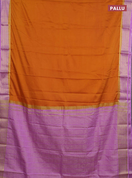 Semi mysore silk saree dark mustard and lavender with plain body and zari woven border
