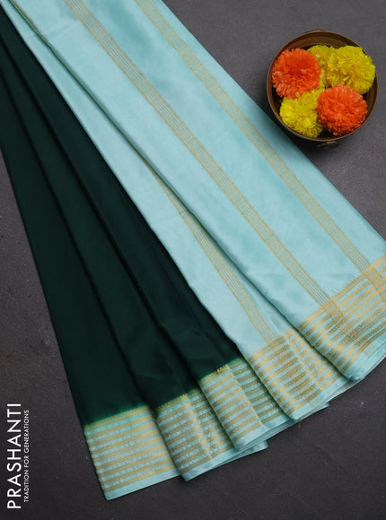 Semi mysore silk saree bottle green and teal blue with plain body and zari woven border