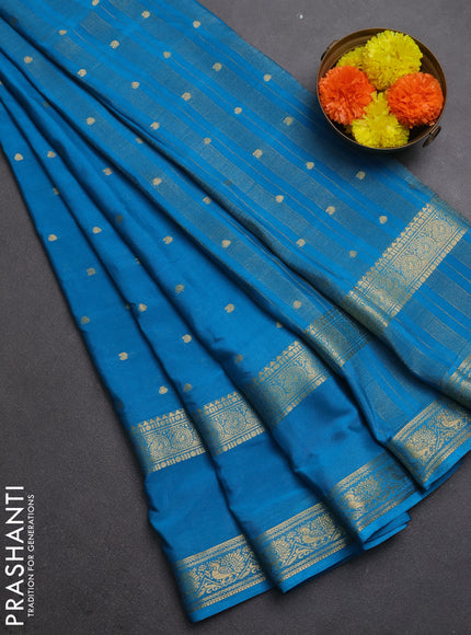 Semi mysore silk saree cs blue with allover zari woven buttas and rettapet zari woven border
