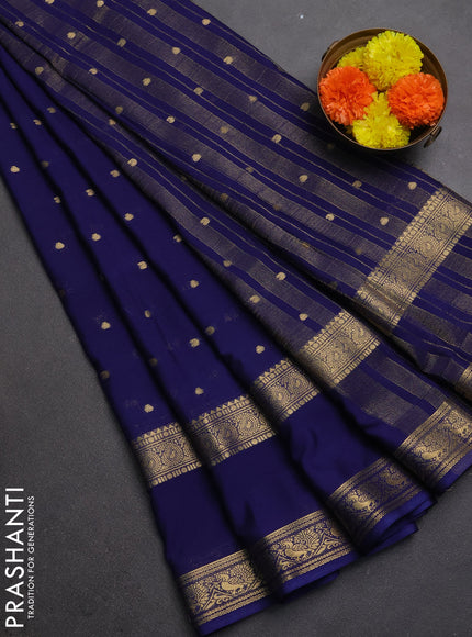 Semi mysore silk saree navy blue with allover zari woven buttas and rettapet zari woven border