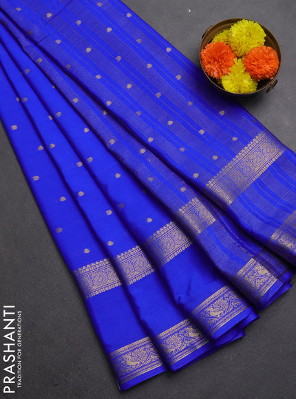 Semi mysore silk saree royal blue with allover zari woven buttas and rettapet zari woven border