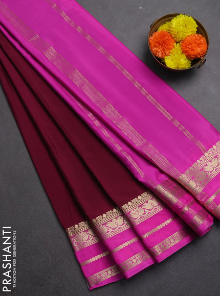 Semi mysore silk saree deep wine and pink with plain body and zari woven border