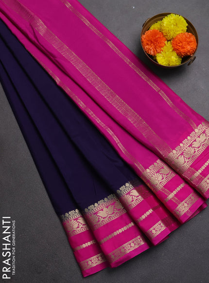 Semi mysore silk saree navy blue and pink with plain body and zari woven border