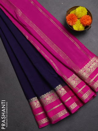Semi mysore silk saree navy blue and pink with plain body and zari woven border