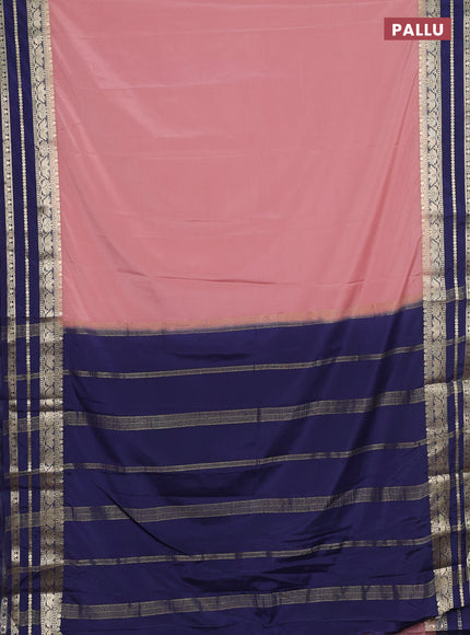 Semi mysore silk saree peach pink shade and navy blue with plain body and zari woven border