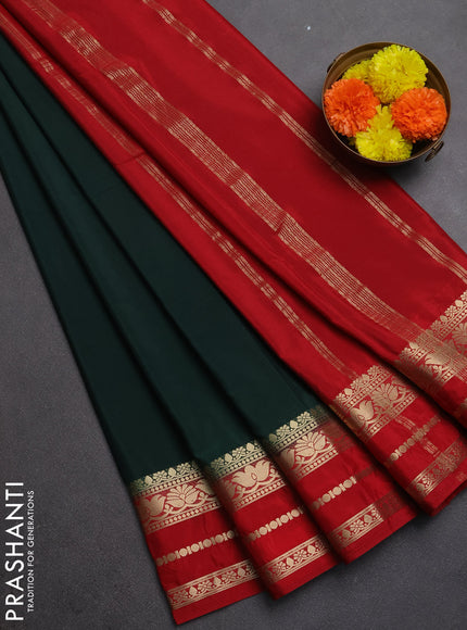 Semi mysore silk saree green and red with plain body and zari woven border