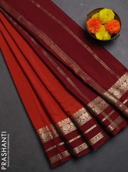 Semi mysore silk saree rustic orange and brown with plain body and zari woven border