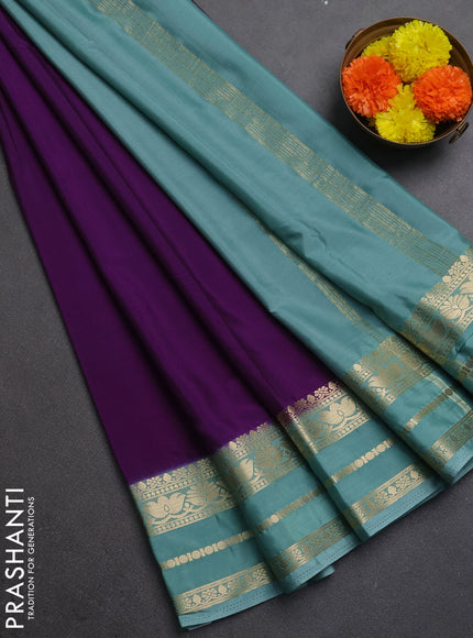 Semi mysore silk saree purple and mild teal green with plain body and zari woven border