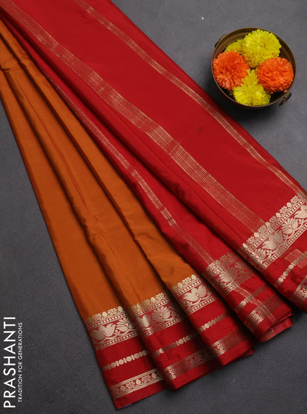 Semi mysore silk saree rustic orange and red with plain body and zari woven border