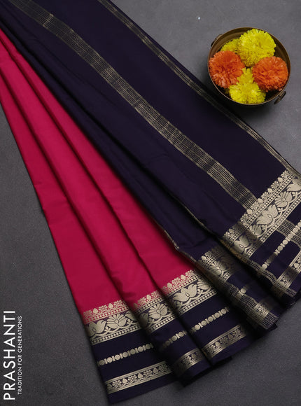 Semi mysore silk saree pink and navy blue with plain body and zari woven border