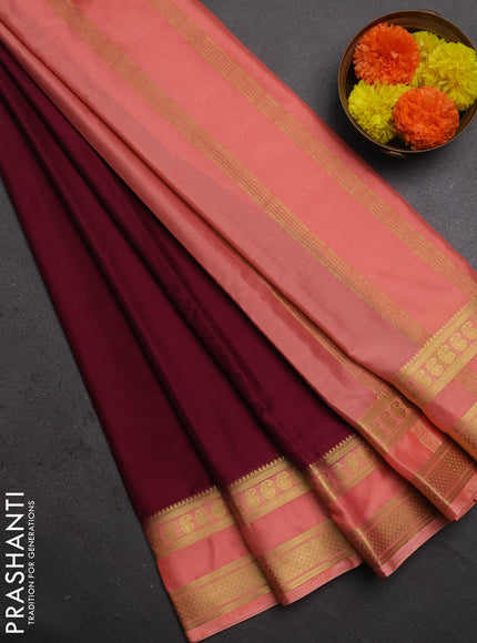 Semi mysore silk saree wine shade and peach shade with plain body and rettapet zari woven border