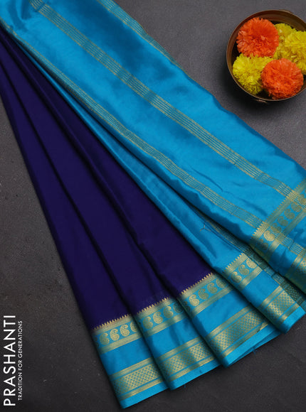 Semi mysore silk saree navy blue and teal blue with plain body and rettapet zari woven border