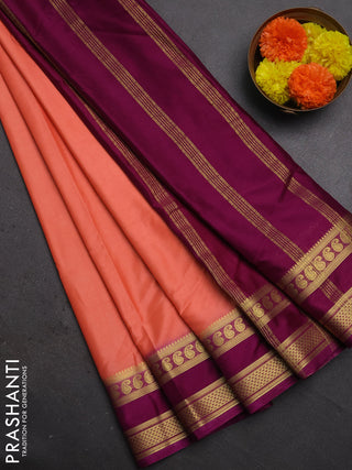 Semi mysore silk saree peach shade and purple with plain body and rettapet zari woven border