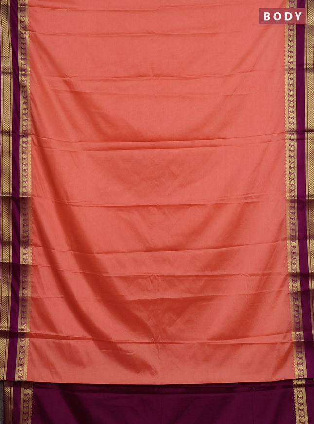 Semi mysore silk saree peach shade and purple with plain body and rettapet zari woven border