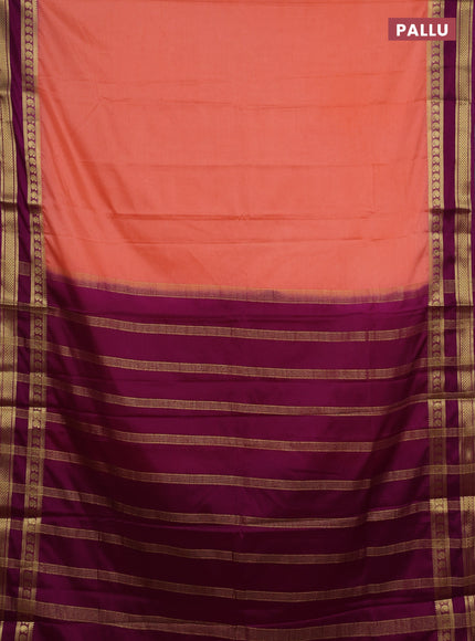 Semi mysore silk saree peach shade and purple with plain body and rettapet zari woven border