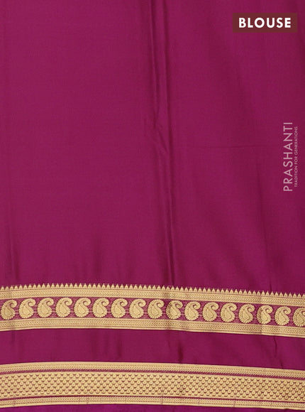 Semi mysore silk saree peach shade and purple with plain body and rettapet zari woven border