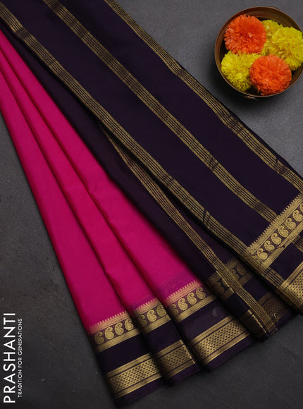 Semi mysore silk saree pink and deep purple with plain body and rettapet zari woven border