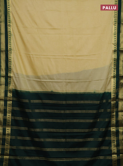 Semi mysore silk saree cream and bottle green with plain body and rettapet zari woven border
