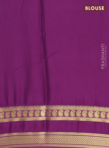 Semi mysore silk saree pastel green and purple with plain body and rettapet zari woven border