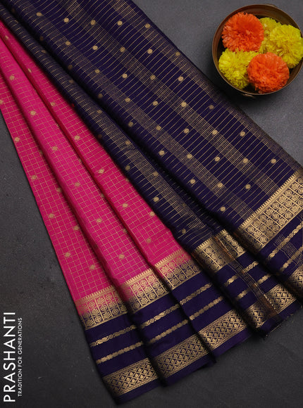 Semi mysore silk saree pink and navy blue with allover zari checks & buttas and long zari woven border