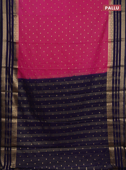 Semi mysore silk saree pink and navy blue with allover zari checks & buttas and long zari woven border