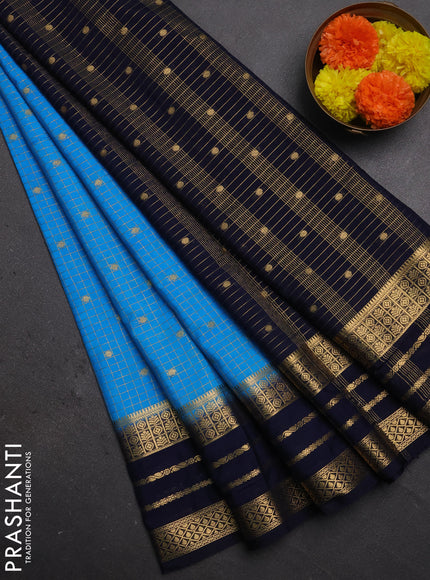 Semi mysore silk saree cs blue and navy blue with allover zari checks & buttas and long zari woven border