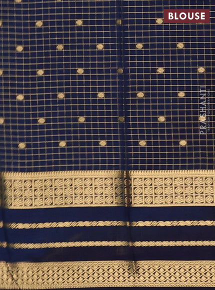 Semi mysore silk saree cs blue and navy blue with allover zari checks & buttas and long zari woven border
