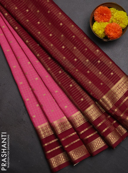 Semi mysore silk saree pink and maroon with allover zari checks & buttas and long zari woven border