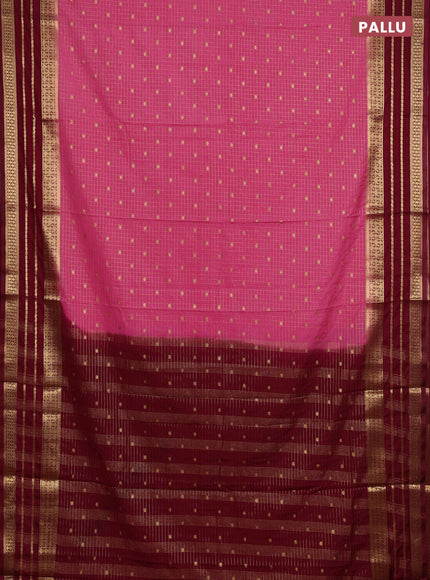 Semi mysore silk saree pink and maroon with allover zari checks & buttas and long zari woven border