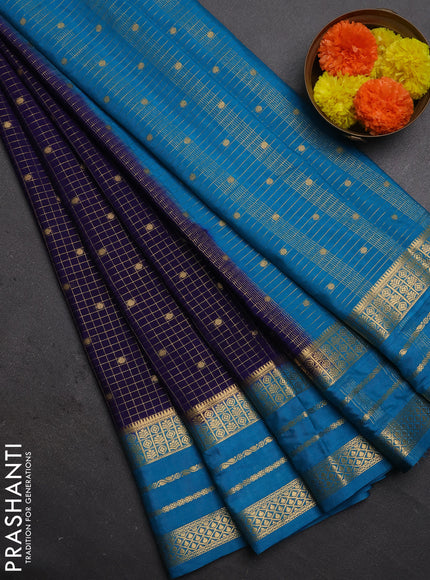 Semi mysore silk saree navy blue and teal blue with allover zari checks & buttas and long zari woven border