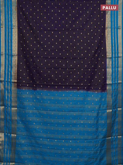 Semi mysore silk saree navy blue and teal blue with allover zari checks & buttas and long zari woven border
