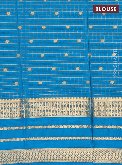 Semi mysore silk saree navy blue and teal blue with allover zari checks & buttas and long zari woven border