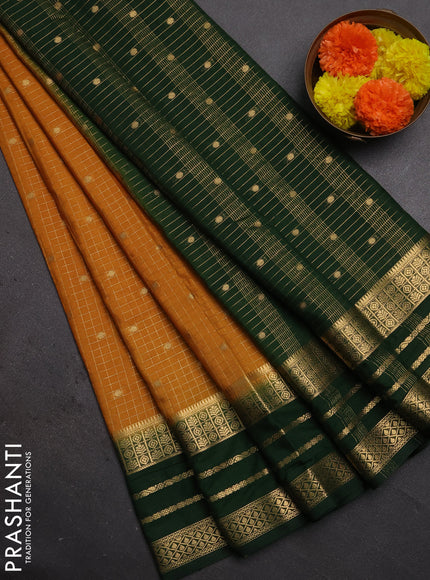 Semi mysore silk saree mustard yellow and bottle green with allover zari checks & buttas and long zari woven border