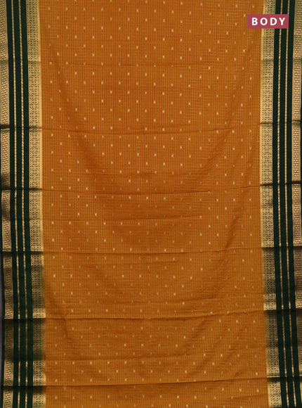 Semi mysore silk saree mustard yellow and bottle green with allover zari checks & buttas and long zari woven border